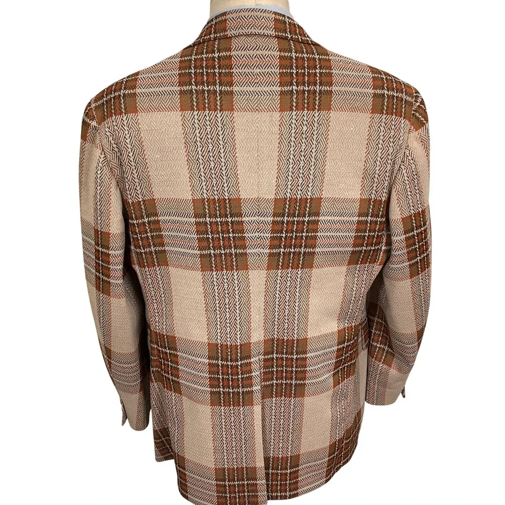 Hart Schaffner Marx Blazer Mens 42R Beige Blanket‎ Plaid Escadrille Wool VTG